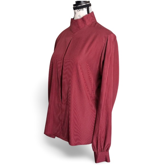 70s Vintage Deep Red Pinstripe High Neck Blouse Western Tailoring Minimalist S - Picture 3 of 4